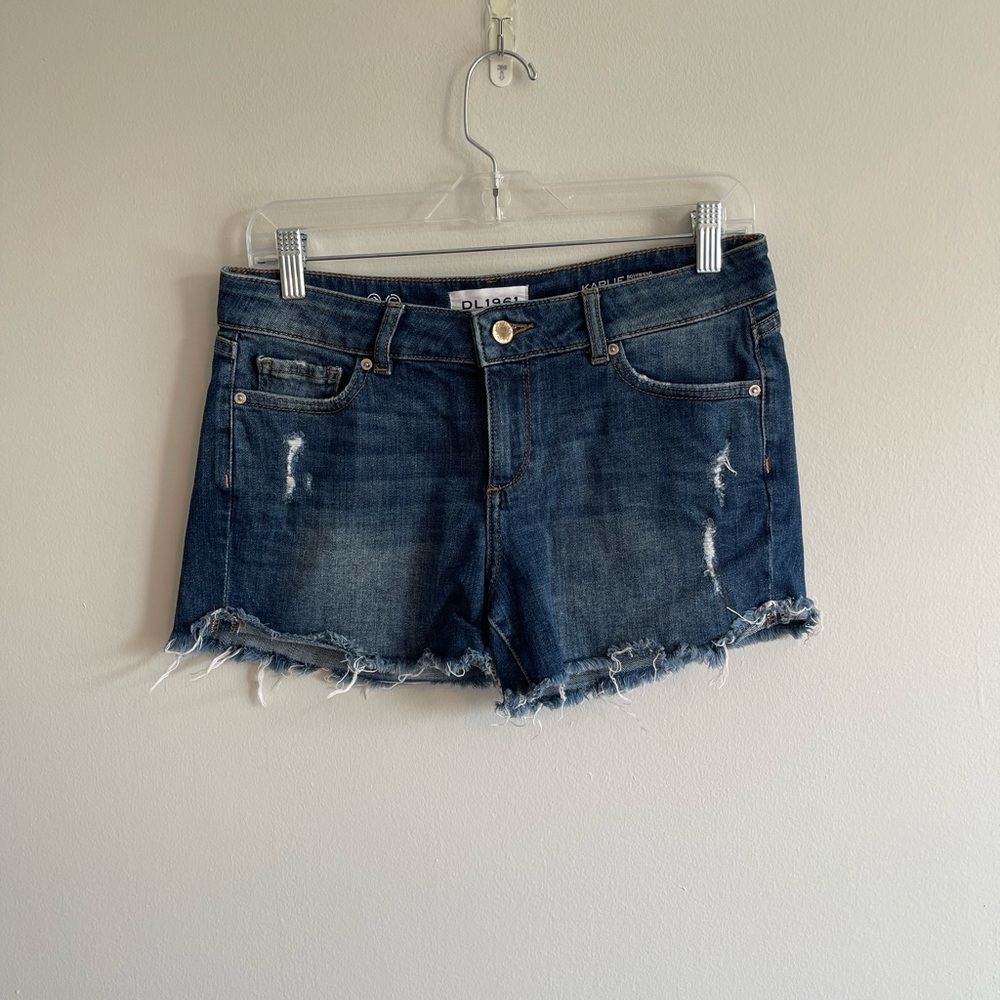 DL1961 distressed blue denim jean shorts